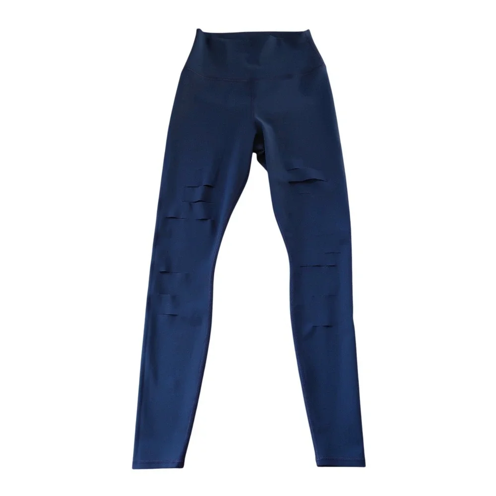 Alo Yoga Womens Ripped Warrior Leggings M Navy Blue High Rise Laser Cut Yoga Gym